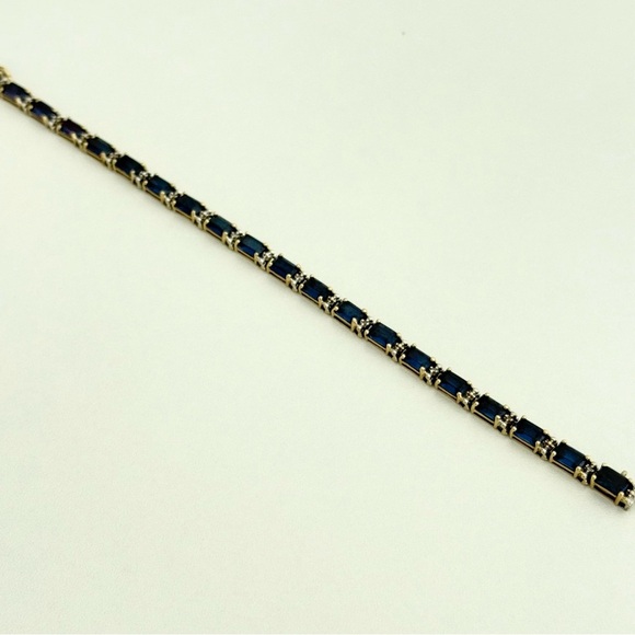 Solid 14k Yellow Gold Sapphire & Diamond Tennis Bracelet - Picture 9 of 16